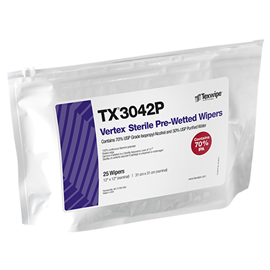 Sterile Vertex® TX3042P Sterile, sealed-edge, polyester wipers pre-wetted with 70% denatured Ethanol / 30%