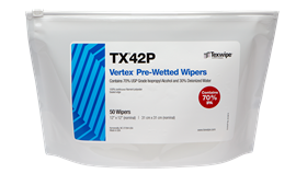 Vertex® TX42P Non-sterile, sealed-edge, polyester wipers pre-wetted with USP-grade 70% IPA / 30% DIW